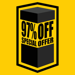 Vector illustration of black open box with lettering saying "97% off special offer", design for 97% discount, with yellow background.