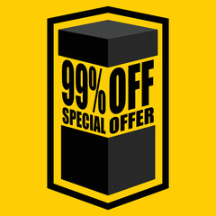 Vector illustration of black open box with lettering saying "99% off special offer", design for 99% discount, with yellow background.