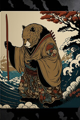 Illustration of bear in Japanese ink style 