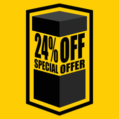 Vector illustration of black open box with lettering saying "24% off special offer", design for 24% discount, with yellow background.