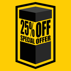 Vector illustration of black open box with lettering saying "25% off special offer", design for 25% discount, with yellow background.