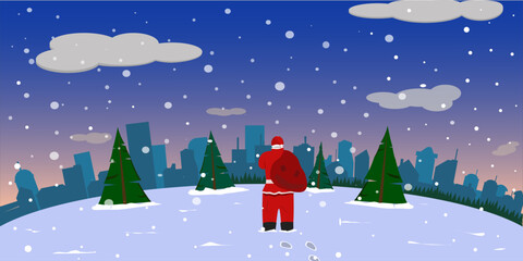 Stylish modern flat vector christmas illustration with city buildings, snowflakes, Santa Claus holding a red sack full of gifts behind his back. Festive Christmas mood.