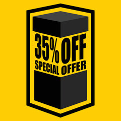 Vector illustration of black open box with lettering saying "35% off special offer", design for 35% discount, with yellow background.