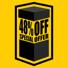Vector illustration of black open box with lettering saying "48% off special offer", design for 48% discount, with yellow background.