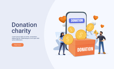 Fototapeta na wymiar Donation charity website template 3D render vector illustration. Characters donating money, Volunteers putting coins in donation box donating credit card online. Financial support fundraising