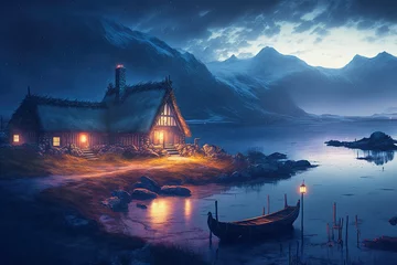 Fototapete Rund ai generative midjourney illustration of viking houses in a viking landscape by water with northern lights in the dark © Claudia Nass