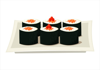 Vector illustration set of japanese rolls on plate. Traditional Japan cuisine