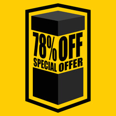 Vector illustration of black open box with lettering saying "78% off special offer", design for 78% discount, with yellow background.