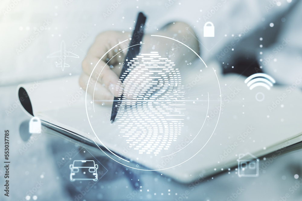 Poster Multi exposure of creative fingerprint hologram with man hand writing in notebook on background, personal biometric data concept