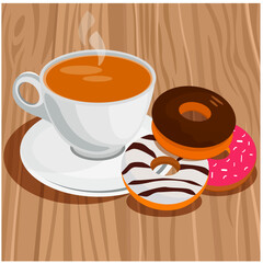 Cup of coffee and donuts on a wooden table