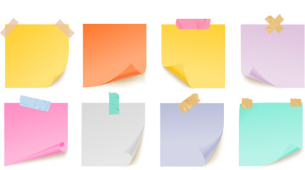 Color notes paper sheets on adhesive tape. Realistic stickers, colorful pages from notebook. Isolated vector office sticky page with curved edges