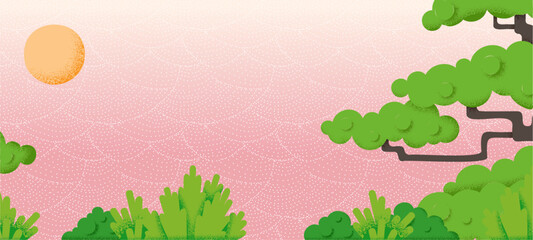 Trendy nature background, textured trees, sun and dotted mountains. Decorative abstract vector banners with empty place for text. Oriental landscape