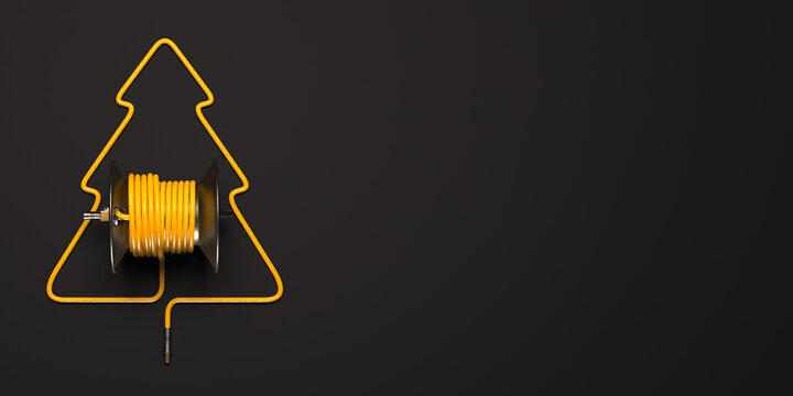 A symbolic Christmas tree laid out of a cable and a coil. Creative greeting card or banner template on a power engineering theme.