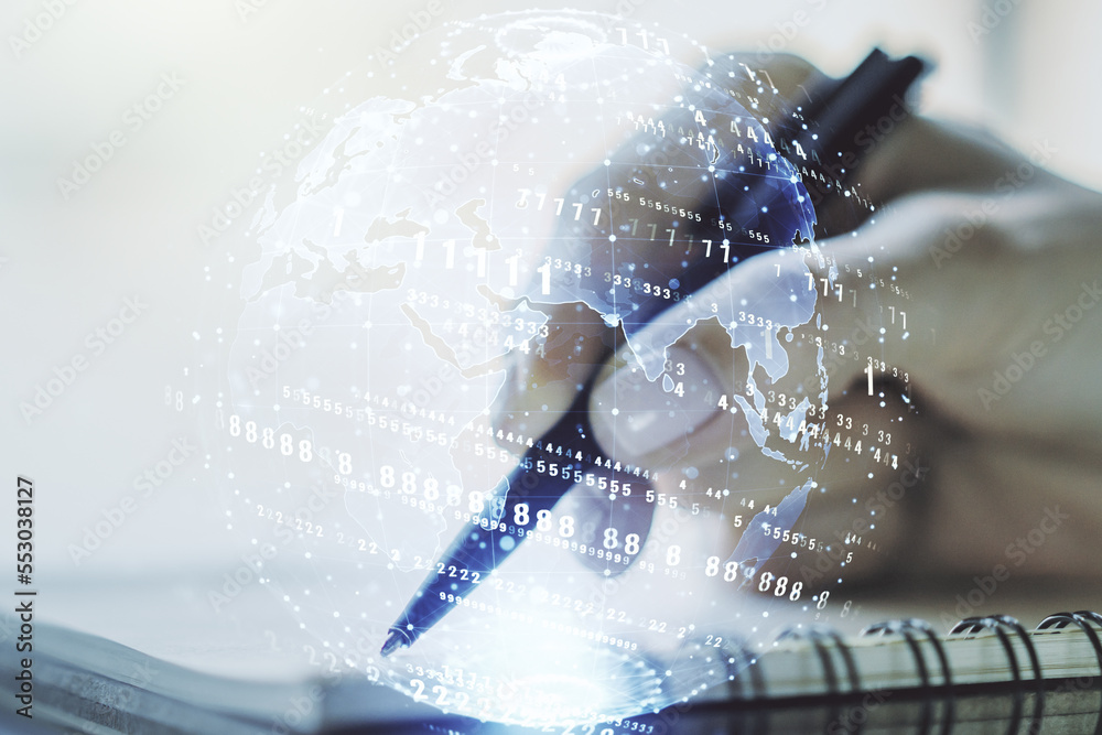 Poster double exposure of abstract creative programming illustration with world map and woman hand writing 