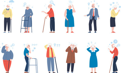 Elderly characters, seniors with dementia symptoms. Alzheimer illness, memory problems and treatment. Ageing disease recent vector flat people