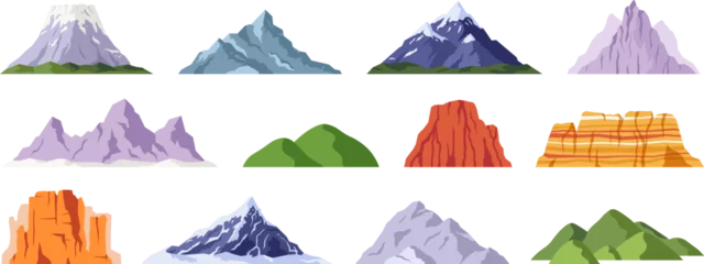 Foto op Canvas Flat rock mountains relief. Snowy cliff, mountain and hill. Isolated rocky peak, cartoon canyon silhouette. Racy vector nature hiking elements © LadadikArt