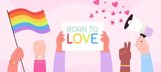 Lgbtq love parade support banner. Trans gay community pride flags. Transgender people, lgbt month. Hands hold rainbow racy vector elements