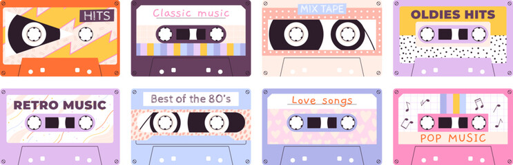 Retro style audio tapes. Isolated mixtape, stereo devices cassetes cartoon style. 90s 80s music player elements, analogue sound tape racy vector clipart
