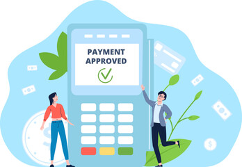 Payment approved in bank card pay terminal. Cashless in store or online shop. Financial banking vector concept with happy flat business characters