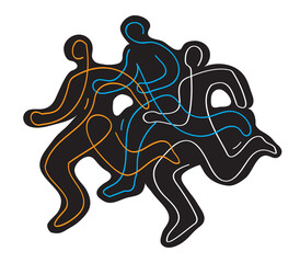 Running race, marathon, jogging, line art stylized. 
Stylized illustration of three running racers. Continuous line drawing design with black silhouettes. Vector available.