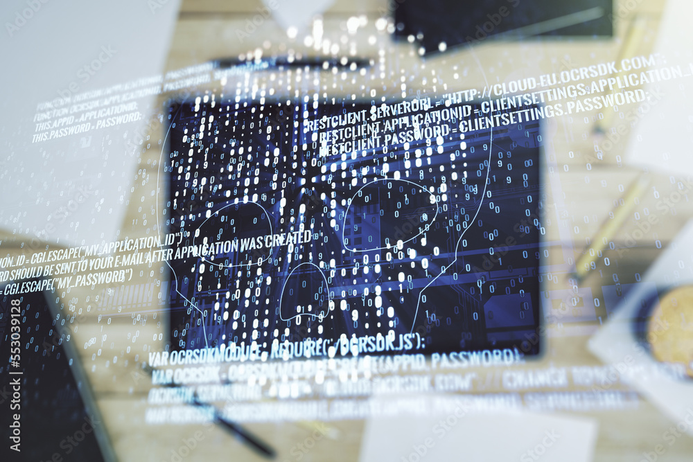 Poster Double exposure of creative code skull hologram and digital tablet on background, top view. Malware and cyber crime concept