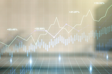 Multi exposure of virtual abstract financial graph interface on blurry contemporary office building background, financial and trading concept