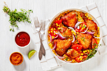 roast chicken with corn and tomatoes on plate