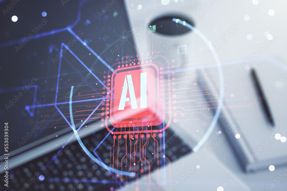 Aufkleber double exposure of creative artificial intelligence abbreviation with computer on background. future