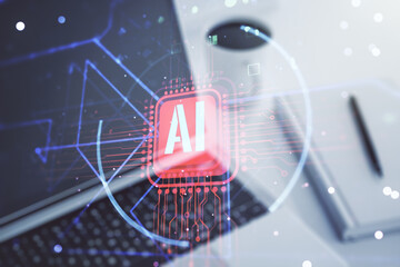 Double exposure of creative artificial Intelligence abbreviation with computer on background....