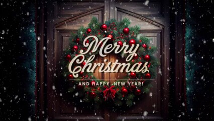 Merry Christmas and Happy New Year! Beautiful greeting video with snowfall and Christmas wreath on wooden door. Repeatable CINEMAGRAPH loop. - Powered by Adobe