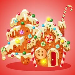 Festive gingerbread, a house and a Christmas tree in icing and sweets, on a red background.