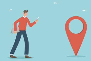 Address location search. Maps, navigation, looking for a curious businessman with the location on the map.
