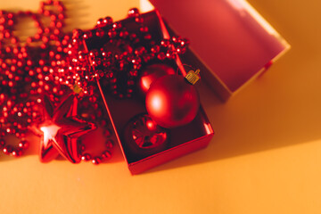 Christmas Decoration Objects and Gift Box as Holiday Background.