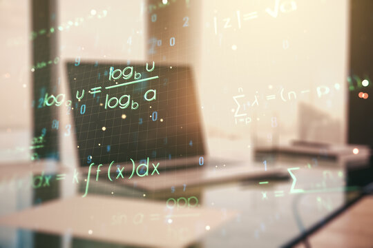 Creative scientific formula hologram on modern laptop background, research concept. Multiexposure