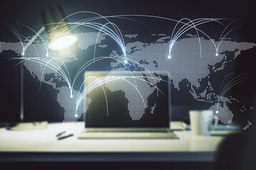 Double exposure of abstract digital world map with connections on laptop background, research and...