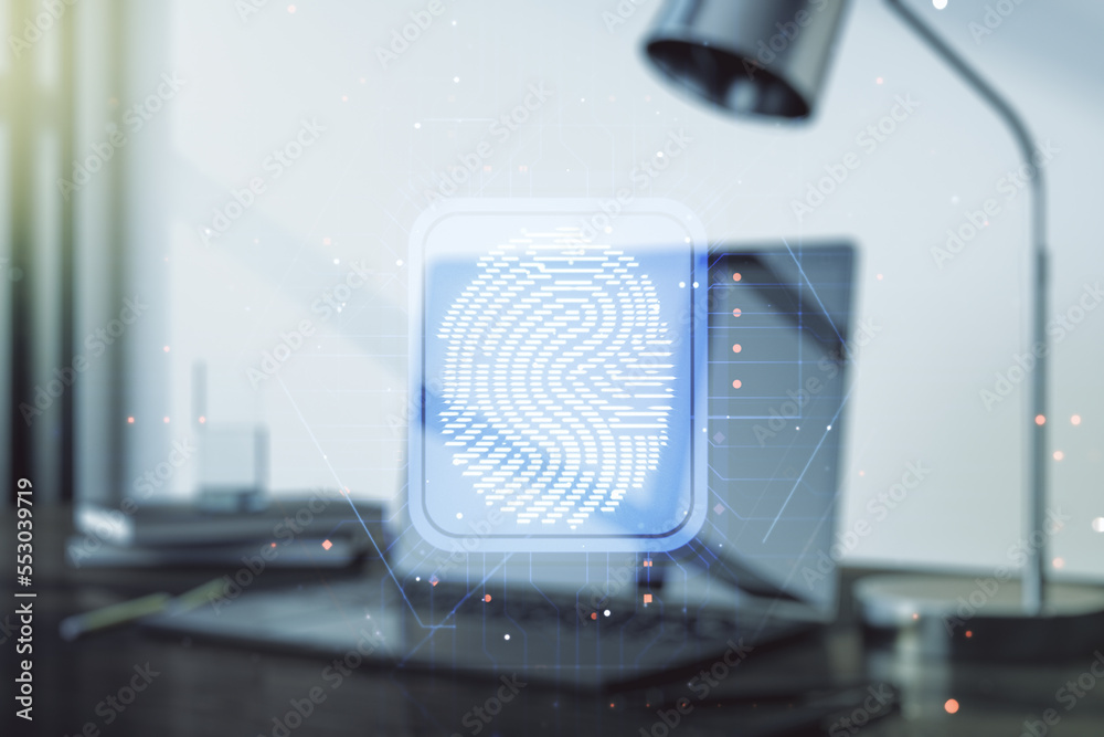 Poster Multi exposure of abstract graphic fingerprint sketch on modern computer background, fingerprint scan data concept