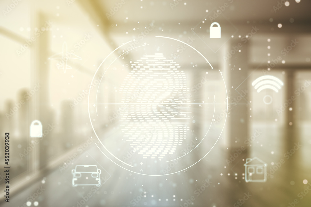Poster multi exposure of virtual fingerprint scan interface on empty modern office background, digital acce