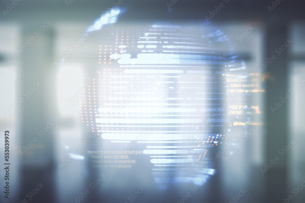 Poster multi exposure of abstract programming language hologram and world map on abstract empty interior ba
