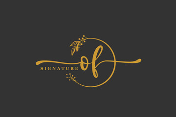 luxury gold signature initial O F logo design isolated leaf and flower