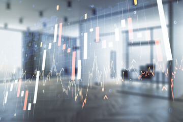 Double exposure of abstract creative financial chart hologram and world map on modern corporate office background, research and strategy concept