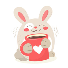 Obraz premium Happy Bunny With a mug of coffee or hot chocolate. Cartoon character, vector illustration.