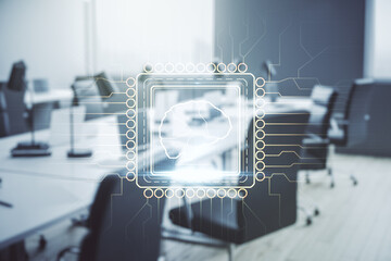 Double exposure of creative artificial Intelligence interface on modern corporate office background. Neural networks and machine learning concept