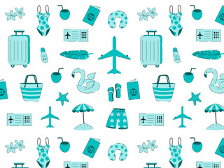 Travel summer seamless pattern. Illustration of tropical vacation objects.	
