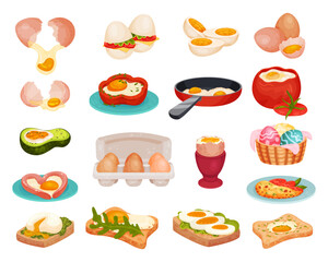 Tasty Egg Food with Boiled and Scrambled Egg on Plate, Sandwich and Frying Pan Big Vector Set