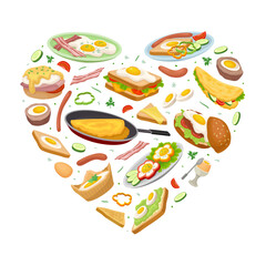 Tasty Egg Food Heart Shaped Composition Design with Boiled and Scrambled Egg Served on Plate Vector Template