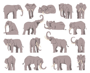 Grey Elephant as Large African Animal with Trunk in Different Pose Big Vector Set