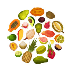 Exotic Fruits Round Composition Design with Ripe and Juicy Tropical Food Vector Template