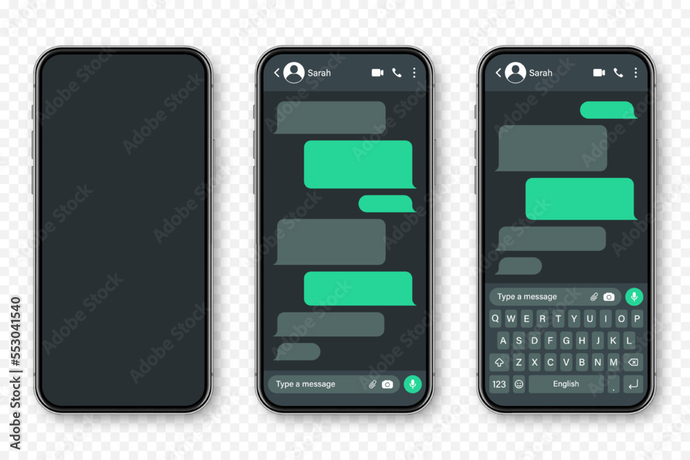Wall mural realistic smartphone with messaging app. blank sms text frame. conversation chat screen with green m
