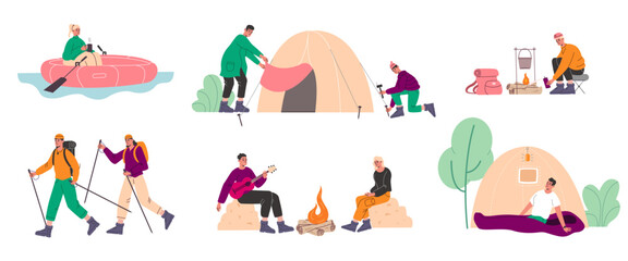Cartoon hiking characters. Adventurers people. Outdoor activities. Travel accessories. Happy tourists relax in nature. Camping tent. River rafting. Nordic walking. Vector travelers set
