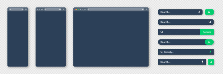 Blank internet browser window with various search bar templates, dark mode. Web site engine with search box, address bar and text field. UI design, website interface elements. Vector illustration